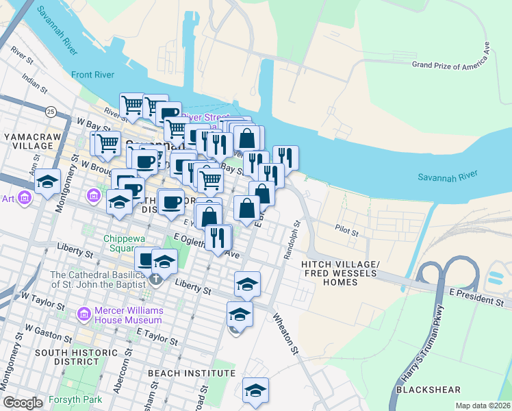 map of restaurants, bars, coffee shops, grocery stores, and more near 40 Houston Street in Savannah