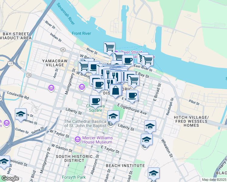 map of restaurants, bars, coffee shops, grocery stores, and more near 123 Abercorn Street in Savannah