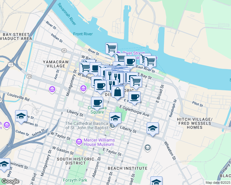 map of restaurants, bars, coffee shops, grocery stores, and more near 123 Abercorn Street in Savannah