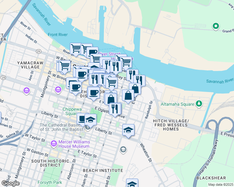 map of restaurants, bars, coffee shops, grocery stores, and more near 421 East Broughton Street in Savannah