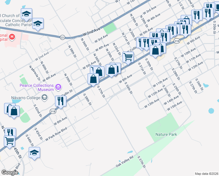 map of restaurants, bars, coffee shops, grocery stores, and more near 2705 West 8th Avenue in Corsicana