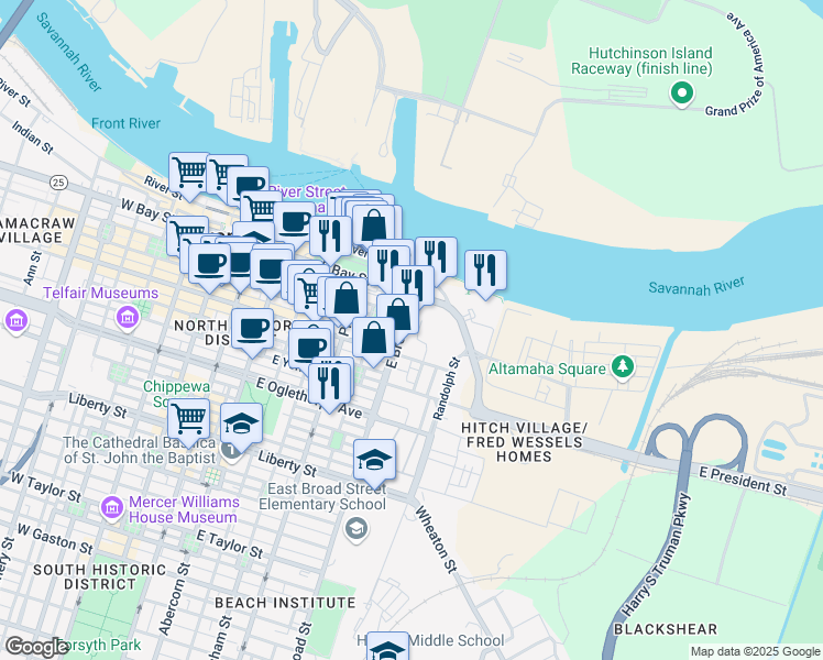 map of restaurants, bars, coffee shops, grocery stores, and more near 50 East Broad Street in Savannah