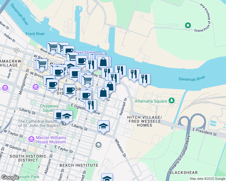 map of restaurants, bars, coffee shops, grocery stores, and more near 50 East Broad Street in Savannah