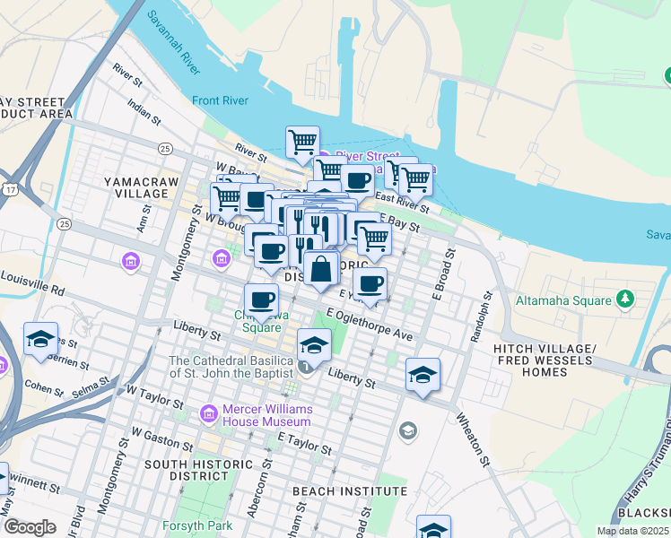 map of restaurants, bars, coffee shops, grocery stores, and more near 125 East Broughton Street in Savannah