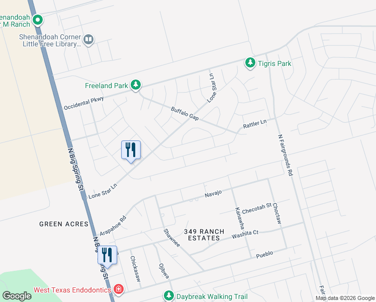 map of restaurants, bars, coffee shops, grocery stores, and more near Cowboy Drive in Midland