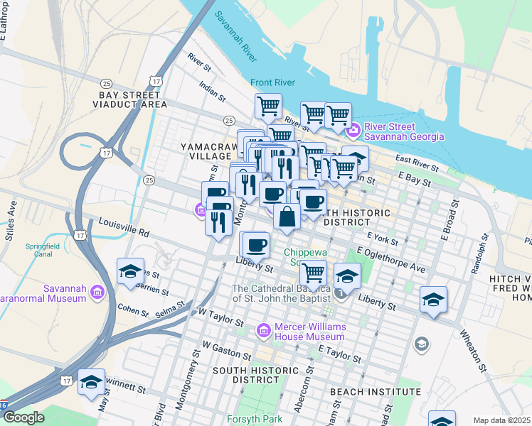 map of restaurants, bars, coffee shops, grocery stores, and more near 222 West Oglethorpe Avenue in Savannah