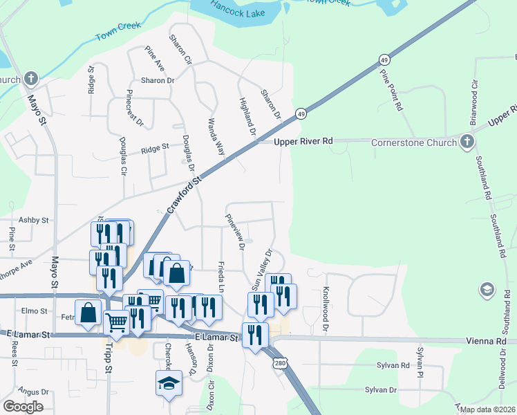 map of restaurants, bars, coffee shops, grocery stores, and more near 410 Peggy Anne Drive in Americus
