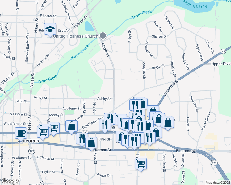 map of restaurants, bars, coffee shops, grocery stores, and more near 321 Mayo Street in Americus