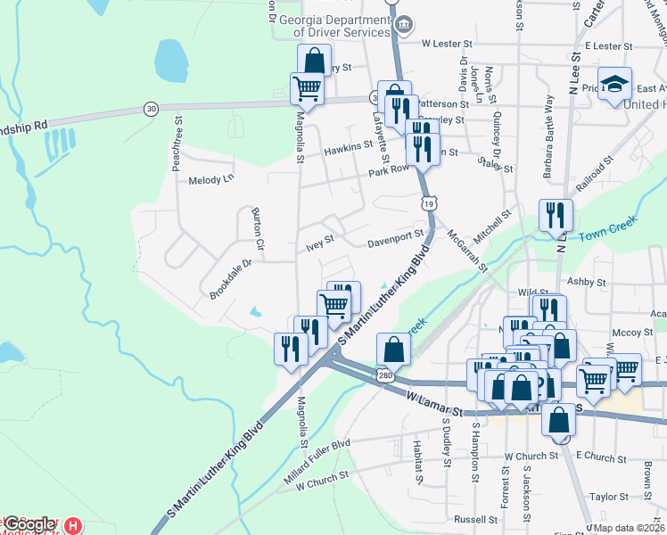 map of restaurants, bars, coffee shops, grocery stores, and more near 608 Walter Way in Americus