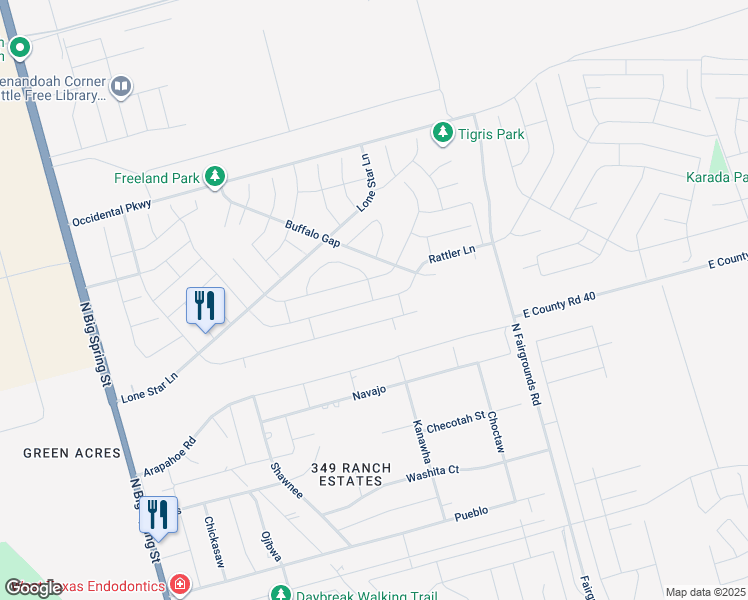 map of restaurants, bars, coffee shops, grocery stores, and more near Rattler Lane in Midland