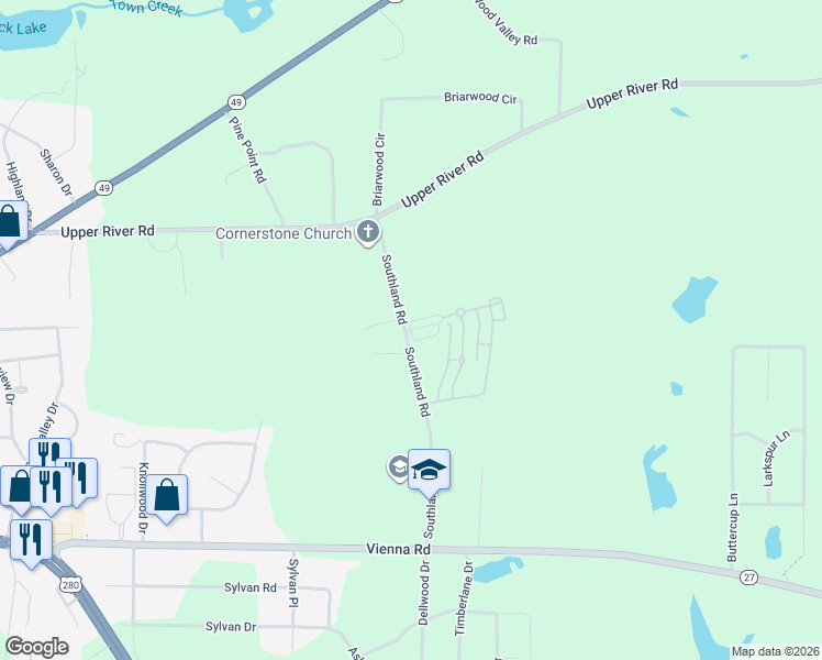 map of restaurants, bars, coffee shops, grocery stores, and more near 199 Southland Road in Americus