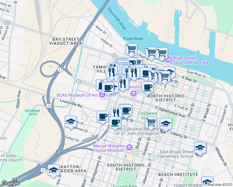 map of restaurants, bars, coffee shops, grocery stores, and more near West Oglethorpe Avenue in Savannah