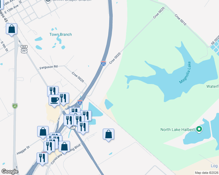 map of restaurants, bars, coffee shops, grocery stores, and more near Crse 0020 in Corsicana