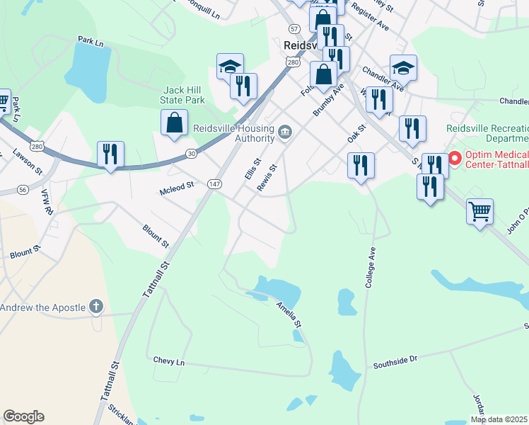 map of restaurants, bars, coffee shops, grocery stores, and more near 177 Smith Avenue in Reidsville
