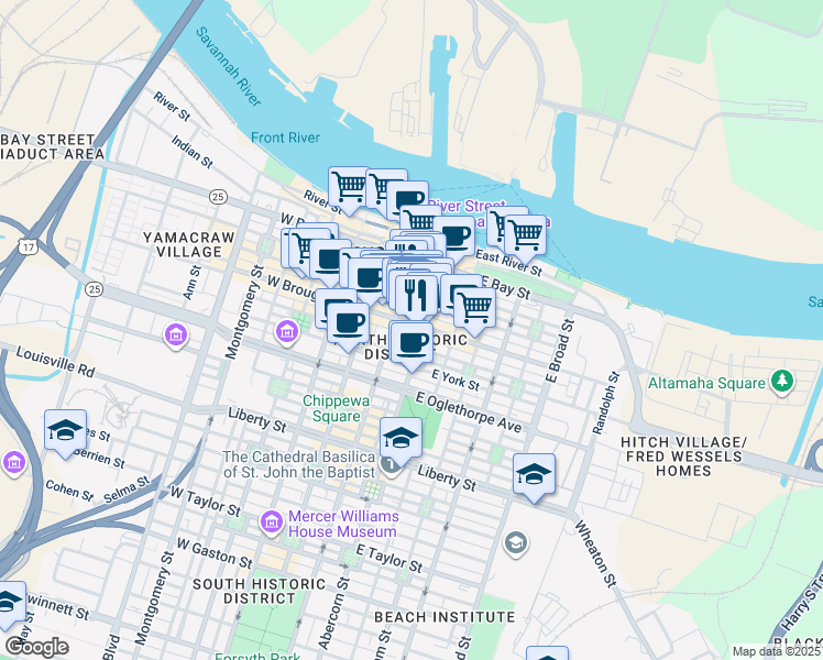 map of restaurants, bars, coffee shops, grocery stores, and more near 125 East Broughton Street in Savannah