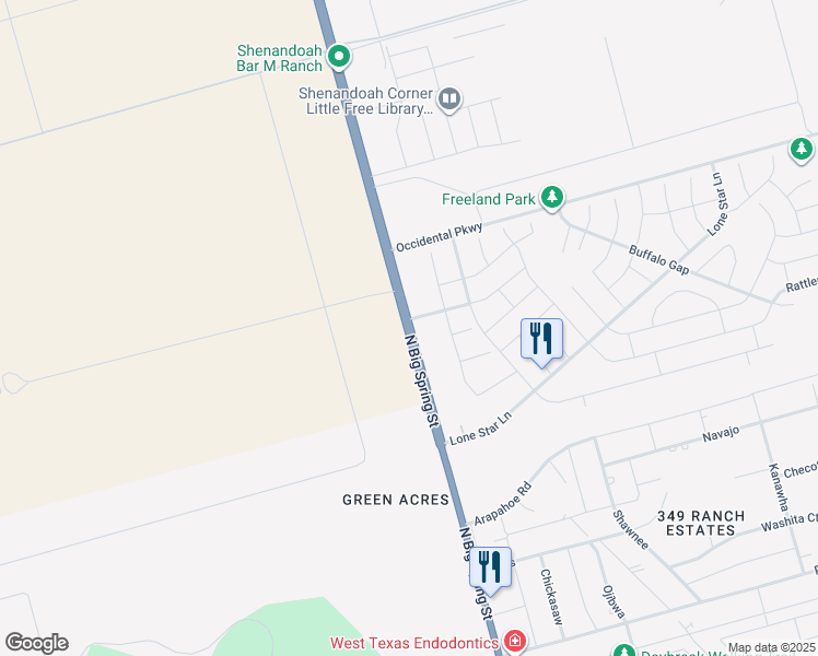 map of restaurants, bars, coffee shops, grocery stores, and more near 6800 Texas 349 in Midland