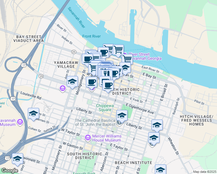 map of restaurants, bars, coffee shops, grocery stores, and more near 22 West Broughton Street in Savannah