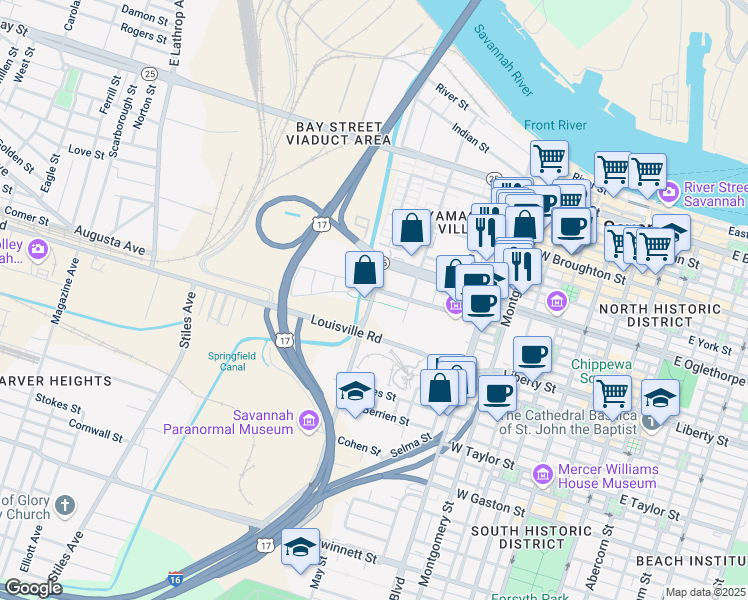 map of restaurants, bars, coffee shops, grocery stores, and more near 121 West Boundary Street in Savannah