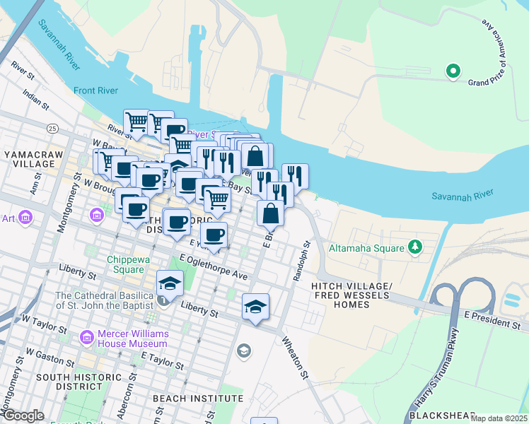 map of restaurants, bars, coffee shops, grocery stores, and more near 518 East Bryan Street in Savannah
