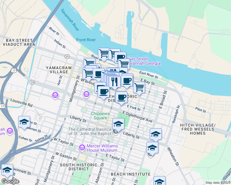 map of restaurants, bars, coffee shops, grocery stores, and more near 25 East Broughton Street in Savannah