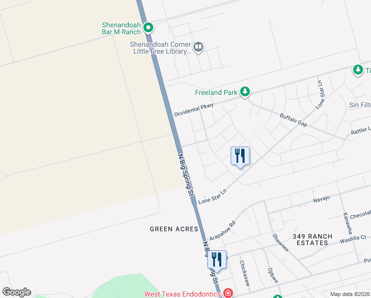 map of restaurants, bars, coffee shops, grocery stores, and more near 6800 Texas 349 in Midland