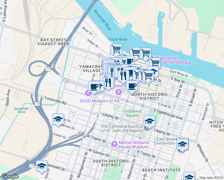 map of restaurants, bars, coffee shops, grocery stores, and more near 132 Montgomery Street in Savannah
