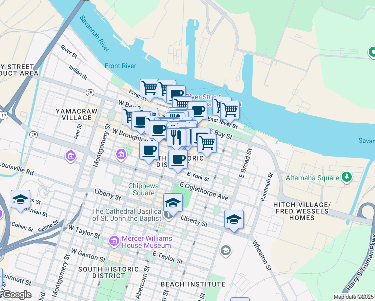 map of restaurants, bars, coffee shops, grocery stores, and more near 3044 East Saint Julian Street in Savannah