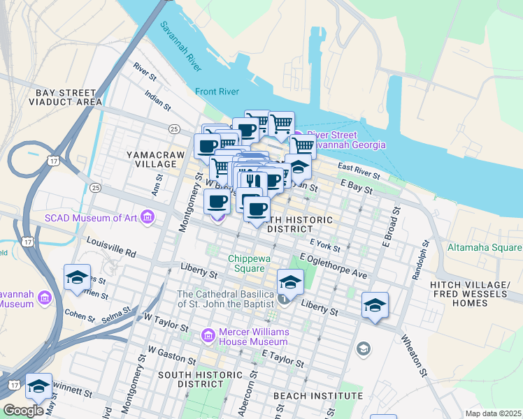 map of restaurants, bars, coffee shops, grocery stores, and more near 22 West Broughton Street in Savannah