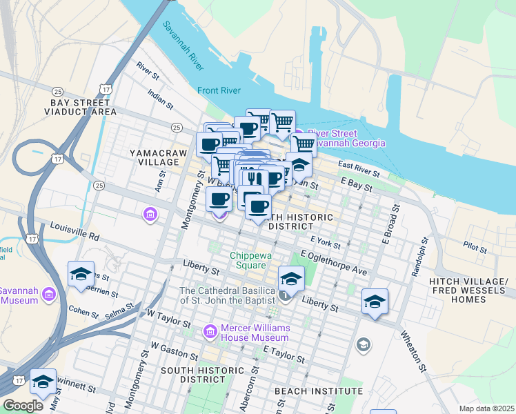 map of restaurants, bars, coffee shops, grocery stores, and more near 22 West Broughton Street in Savannah