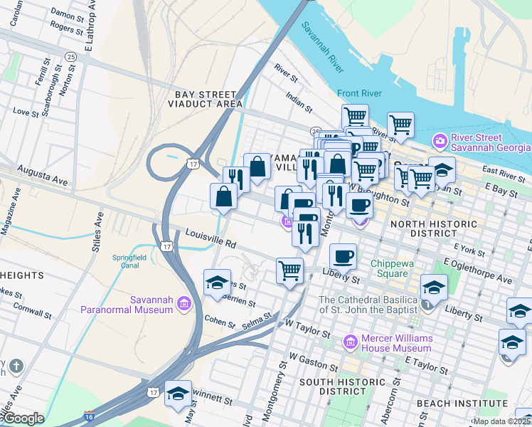 map of restaurants, bars, coffee shops, grocery stores, and more near 611 West Oglethorpe Avenue in Savannah