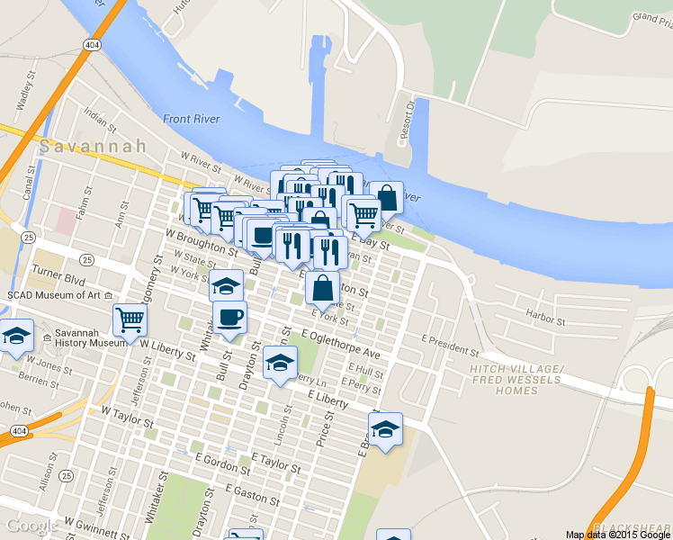 map of restaurants, bars, coffee shops, grocery stores, and more near 28 Abercorn Street in Savannah