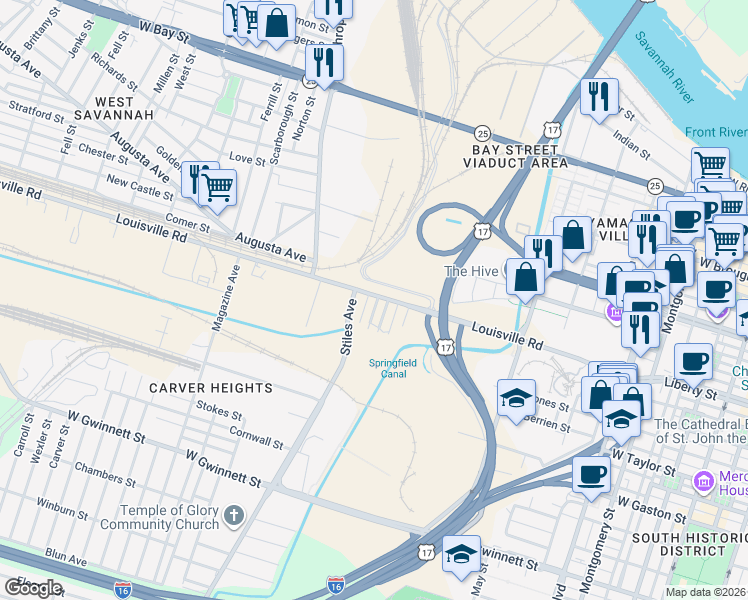 map of restaurants, bars, coffee shops, grocery stores, and more near 66 Louisville Road in Savannah