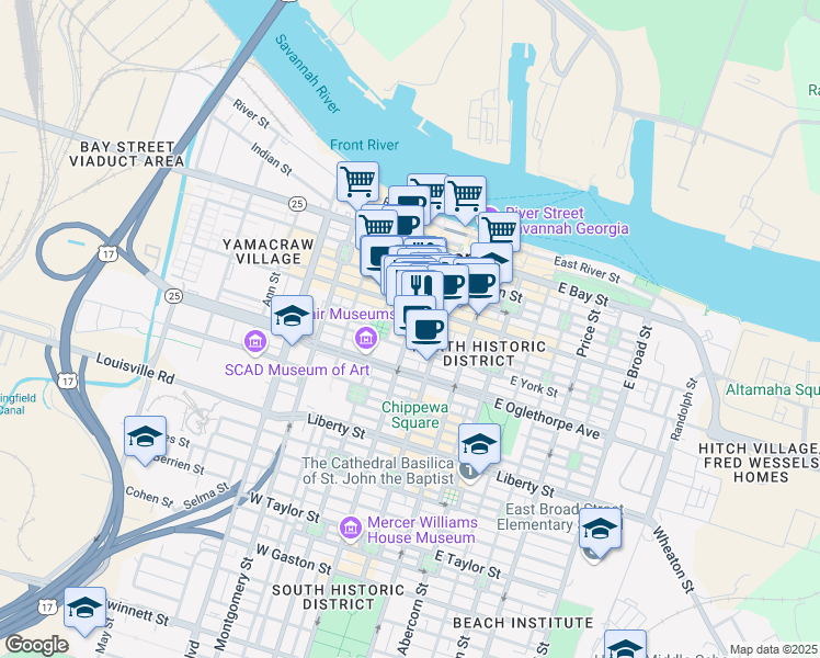 map of restaurants, bars, coffee shops, grocery stores, and more near 109 Whitaker Street in Savannah