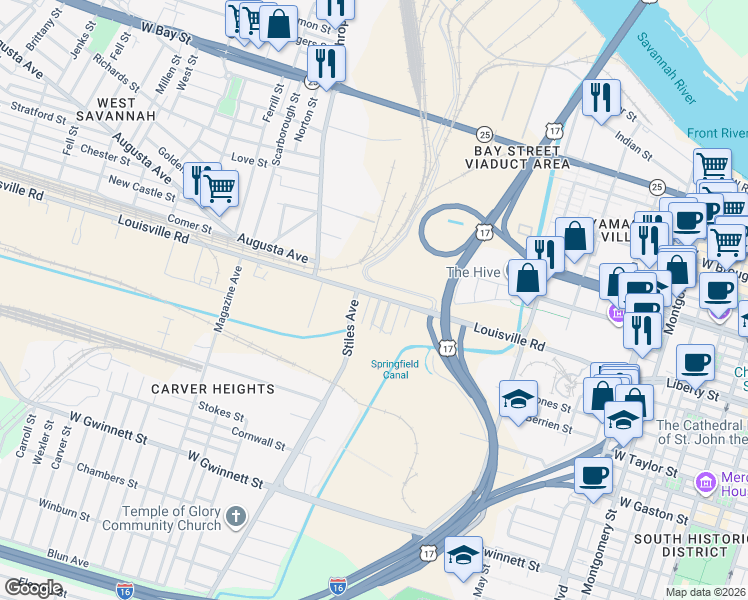 map of restaurants, bars, coffee shops, grocery stores, and more near 66 Louisville Road in Savannah