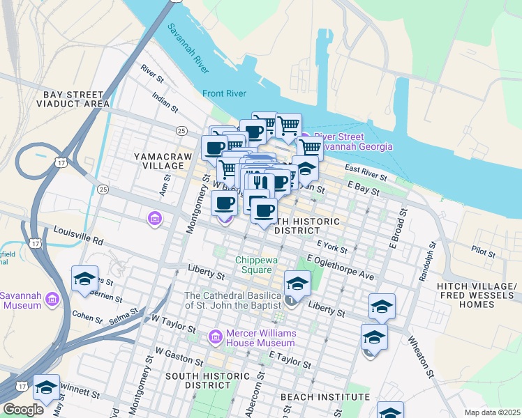 map of restaurants, bars, coffee shops, grocery stores, and more near 22 West Broughton Street in Savannah