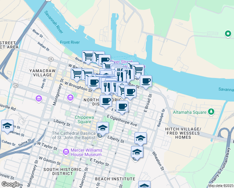 map of restaurants, bars, coffee shops, grocery stores, and more near 28 Abercorn Street in Savannah