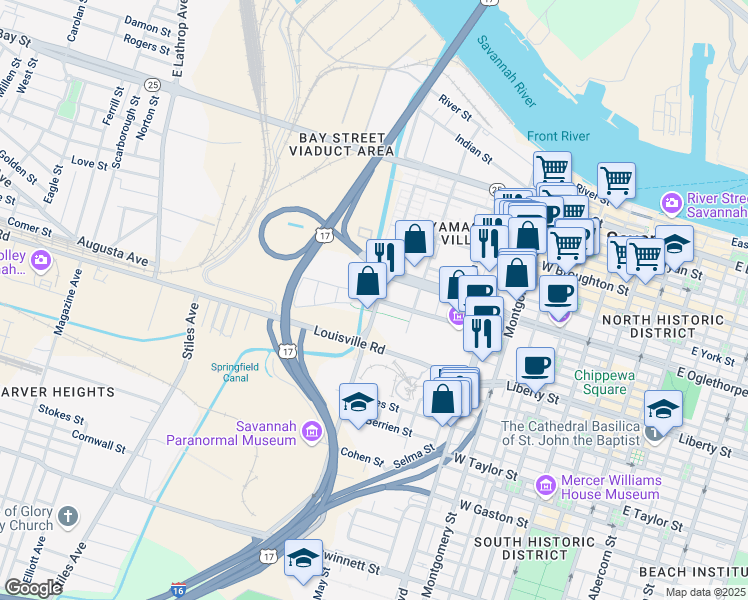 map of restaurants, bars, coffee shops, grocery stores, and more near 121 West Boundary Street in Savannah