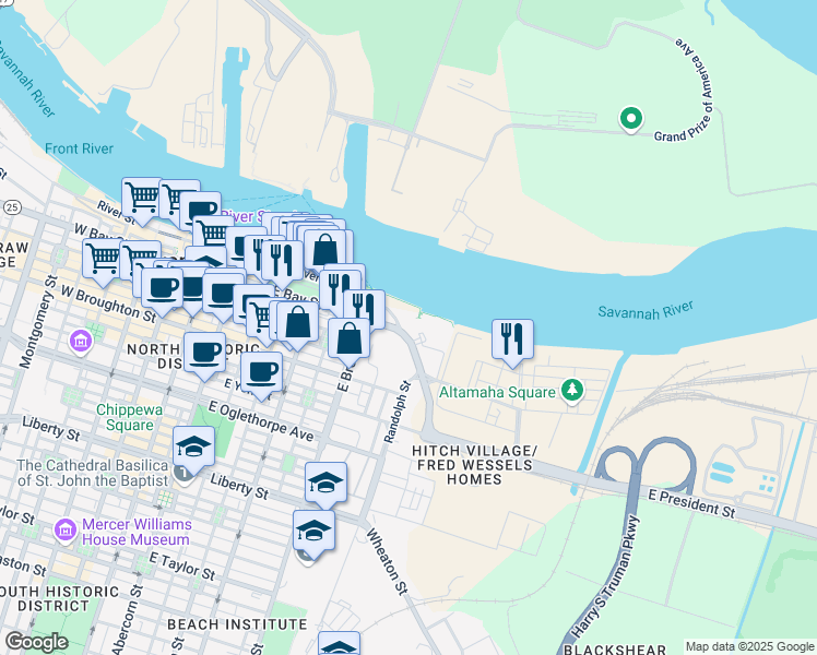 map of restaurants, bars, coffee shops, grocery stores, and more near 620 East River Street in Savannah