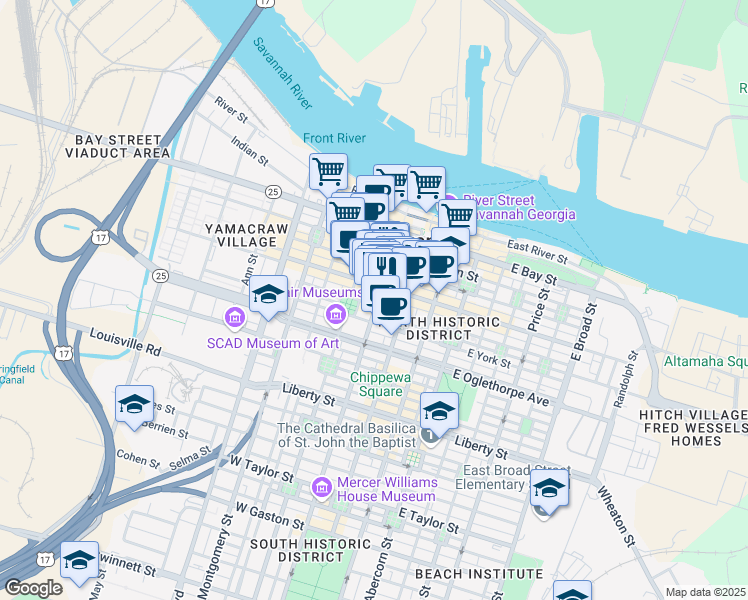 map of restaurants, bars, coffee shops, grocery stores, and more near 109 Whitaker Street in Savannah