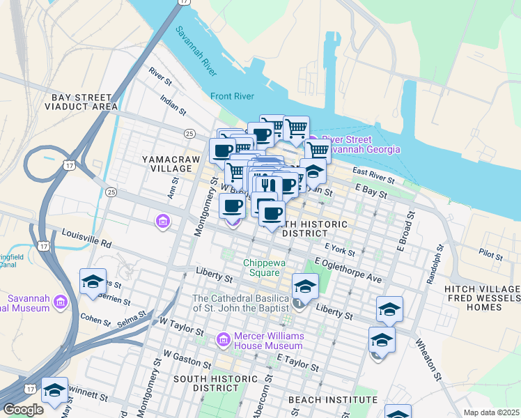 map of restaurants, bars, coffee shops, grocery stores, and more near 22 West Broughton Street in Savannah