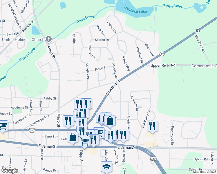 map of restaurants, bars, coffee shops, grocery stores, and more near 1392 Crawford Street in Americus