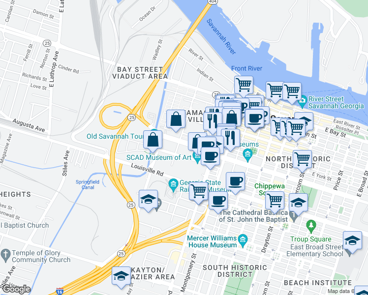 map of restaurants, bars, coffee shops, grocery stores, and more near 611 West Oglethorpe Avenue in Savannah