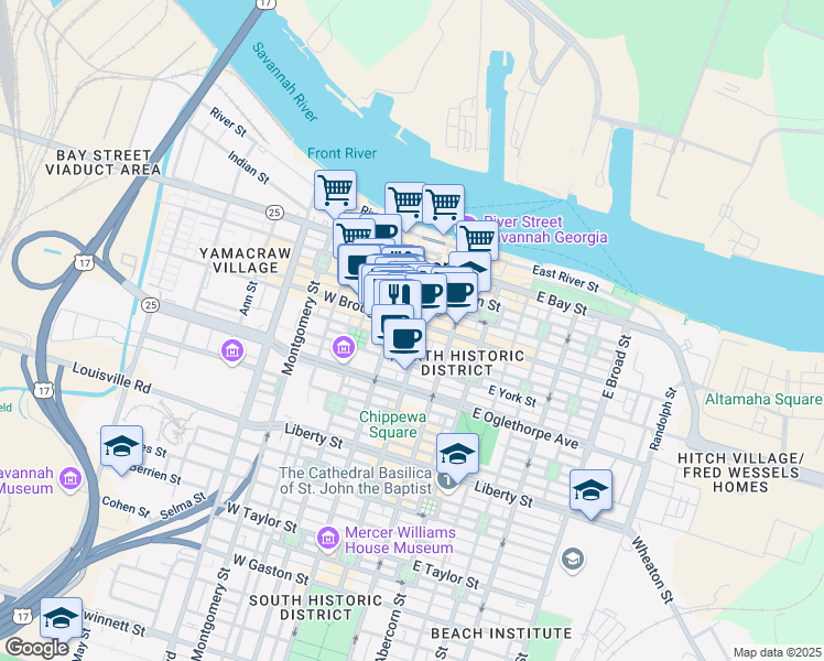 map of restaurants, bars, coffee shops, grocery stores, and more near 22 West Broughton Street in Savannah