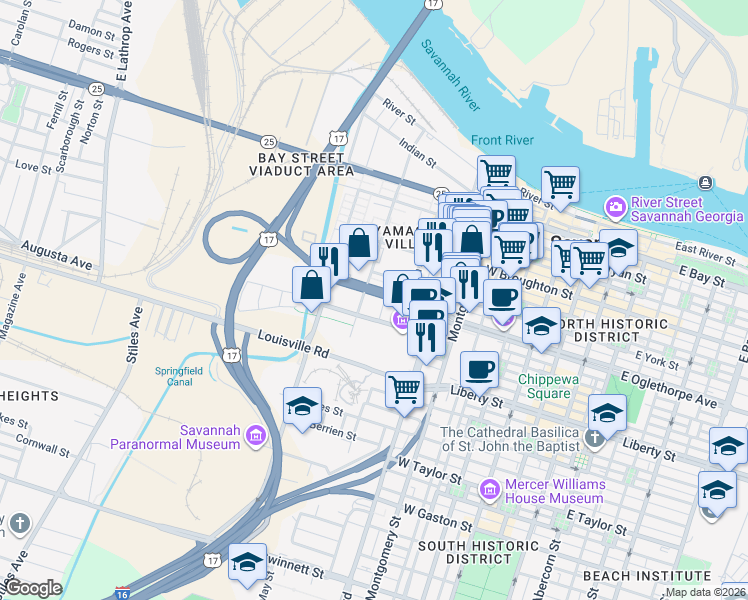 map of restaurants, bars, coffee shops, grocery stores, and more near 611 West Oglethorpe Avenue in Savannah
