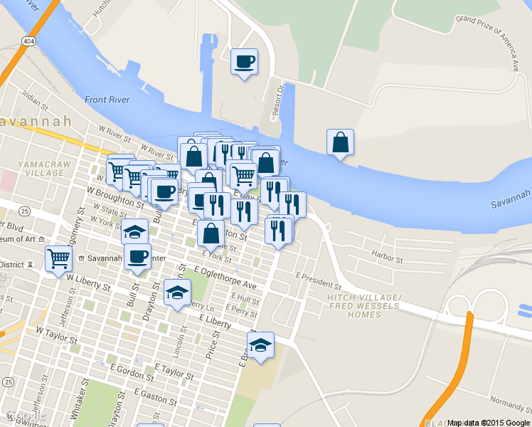 map of restaurants, bars, coffee shops, grocery stores, and more near 518 East Bryan Street in Savannah
