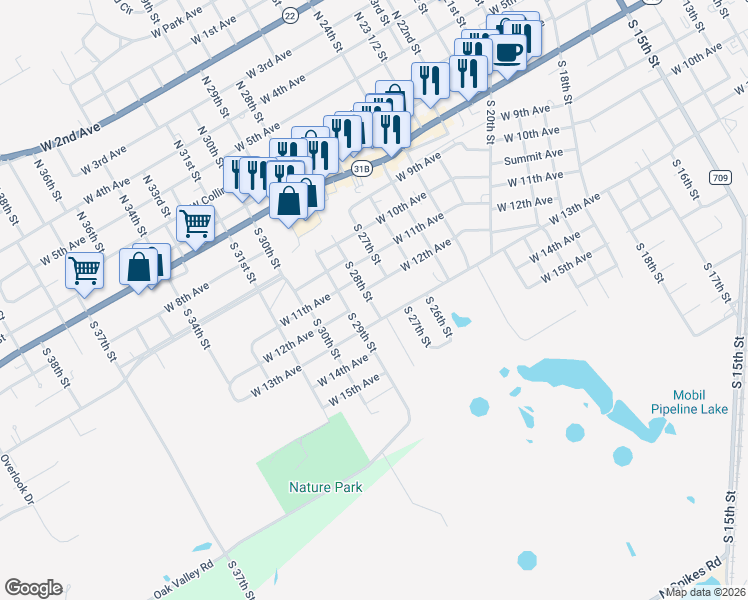 map of restaurants, bars, coffee shops, grocery stores, and more near 813 South 28th Street in Corsicana