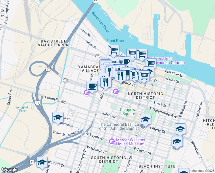map of restaurants, bars, coffee shops, grocery stores, and more near 132 Montgomery Street in Savannah