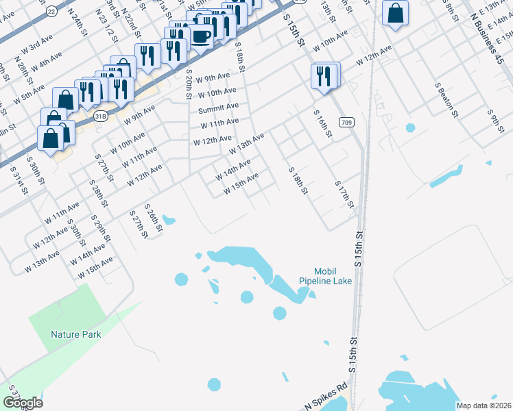 map of restaurants, bars, coffee shops, grocery stores, and more near 1317 South 19th Street in Corsicana