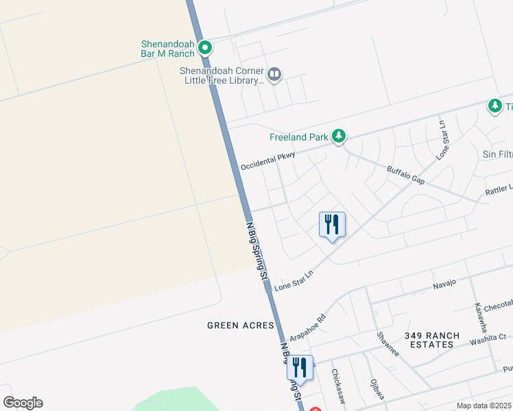 map of restaurants, bars, coffee shops, grocery stores, and more near 6800 Texas 349 in Midland