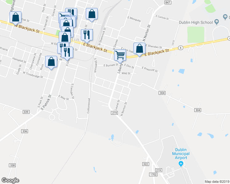 map of restaurants, bars, coffee shops, grocery stores, and more near 705 East Myrtle Street in Dublin